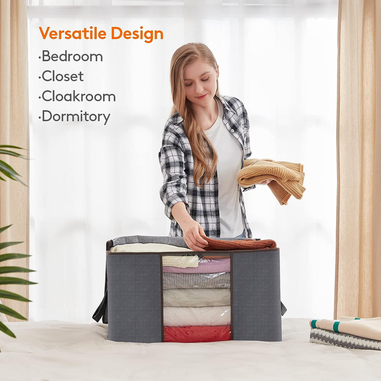 Large capacity clothing storage bag with reinforced handle, thick fabric, foldable, sturdy zipper, 1 set of 3 bags, 90L, gray - V.I.P Digital Presence