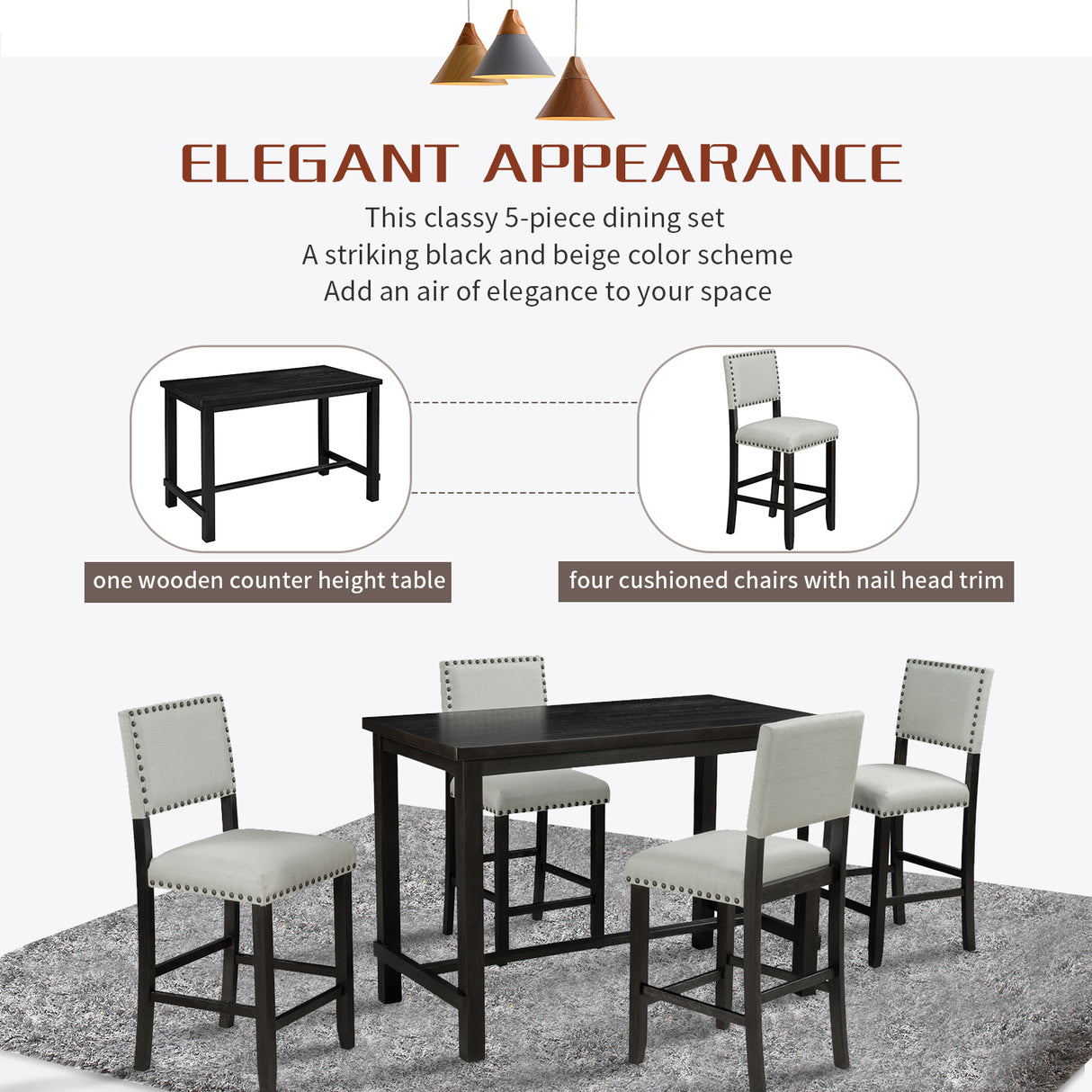 TREXM 5-Piece Counter Height Dining Set, Classic Elegant Table and 4 Chairs in Espresso and Beige - V.I.P Digital Presence