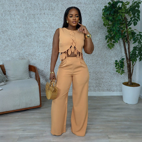 Round Neck Casual Sleeveless Sexy Top with Slim Long Pants Two-Piece Women's Set - V.I.P Digital Presence