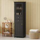 Tall Bathroom Storage Cabinet with Glass Doors, Free-Standing, Two Drawers, and Adjustable Shelves, MDF Board, Painted Black - V.I.P Digital Presence