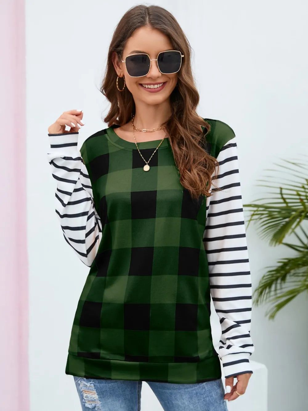 Plaid Striped Round Neck Long Sleeve T-Shirt - V.I.P Digital Presence
