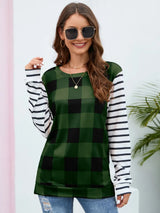 Plaid Striped Round Neck Long Sleeve T-Shirt - V.I.P Digital Presence