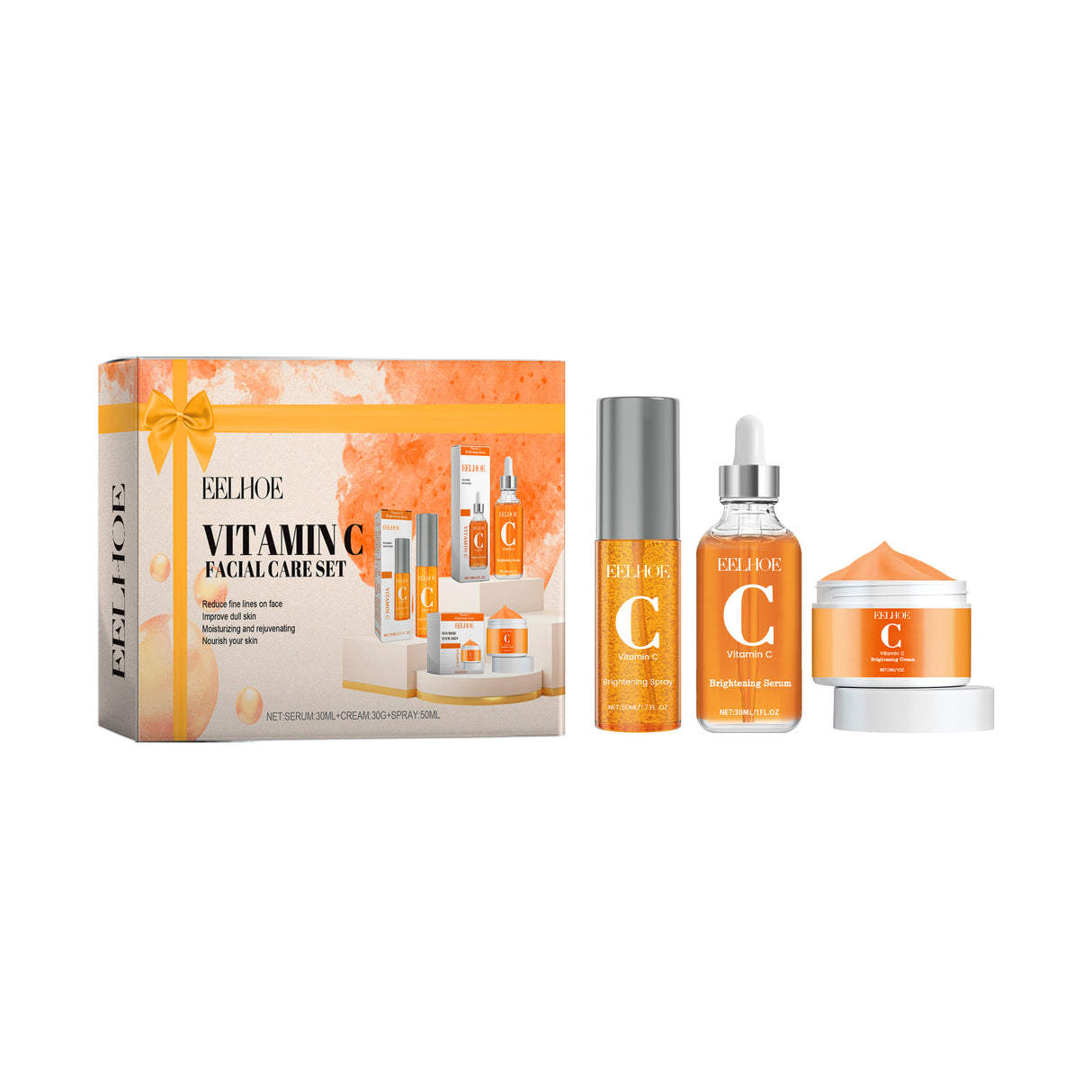 Kit de cuidado facial con vitamina C, hidratante, rejuvenecedor y para pieles sensibles.