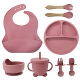 8PCS Mother and baby silicone bibs, silicone dinner plates, eight-piece set, baby food training suction cup bowl, baby divided tableware set - V.I.P Digital Presence
