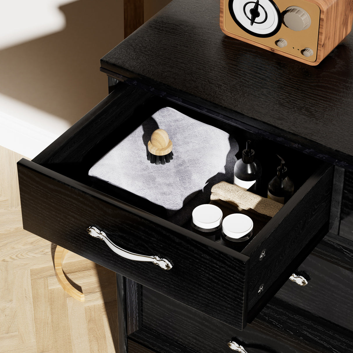 Modern 3 Drawer Bedroom Chest of Drawers with 7 Drawers Dresser, Clothes Organizer -Metal Pulls Black, 47.6″L x 15.7″W x 26.6″H - V.I.P Digital Presence