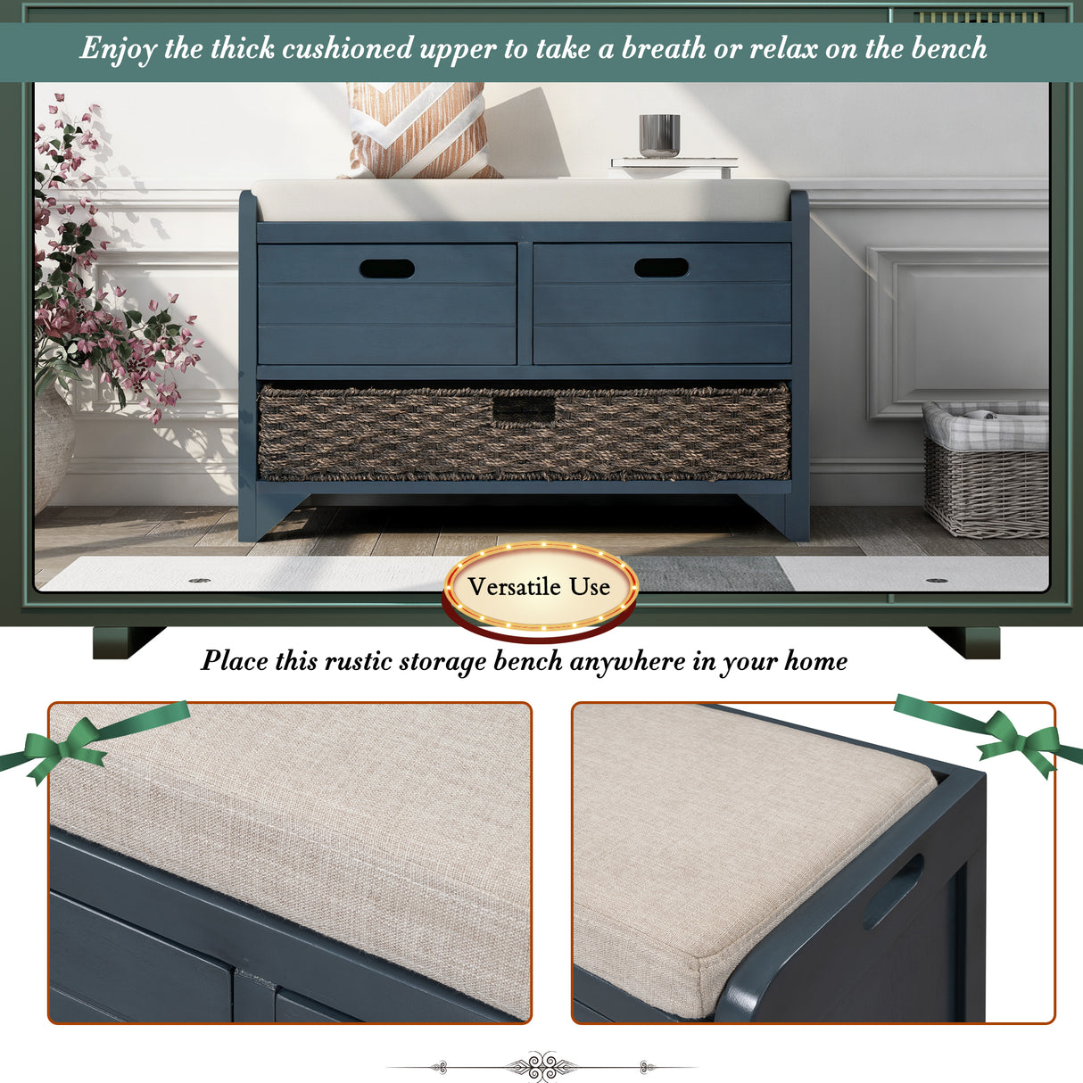TREXM Storage Bench with Removable Basket and 2 Drawers, Fully Assembled Shoe Bench with Removable Cushion (Navy) - V.I.P Digital Presence