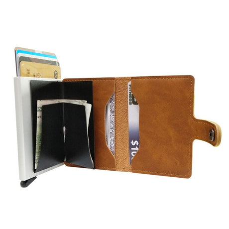RFID Protected Vintage Automatic Leather Credit Card Holder Men Aluminum Alloy Hasp Business ID Multifunction Cardholder Wallet - V.I.P Digital Presence