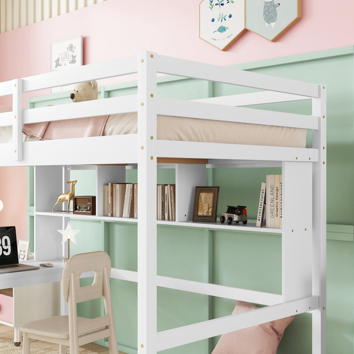 Twin Loft Bed with built-in desk and bookcase of three compartments, Guardrails and Ladder,White - V.I.P Digital Presence