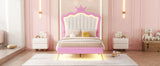 Twin Size Upholstered Bed Frame with LED Lights, Modern Upholstered Princess Bed with Crown Headboard, Pink+White - V.I.P Digital Presence