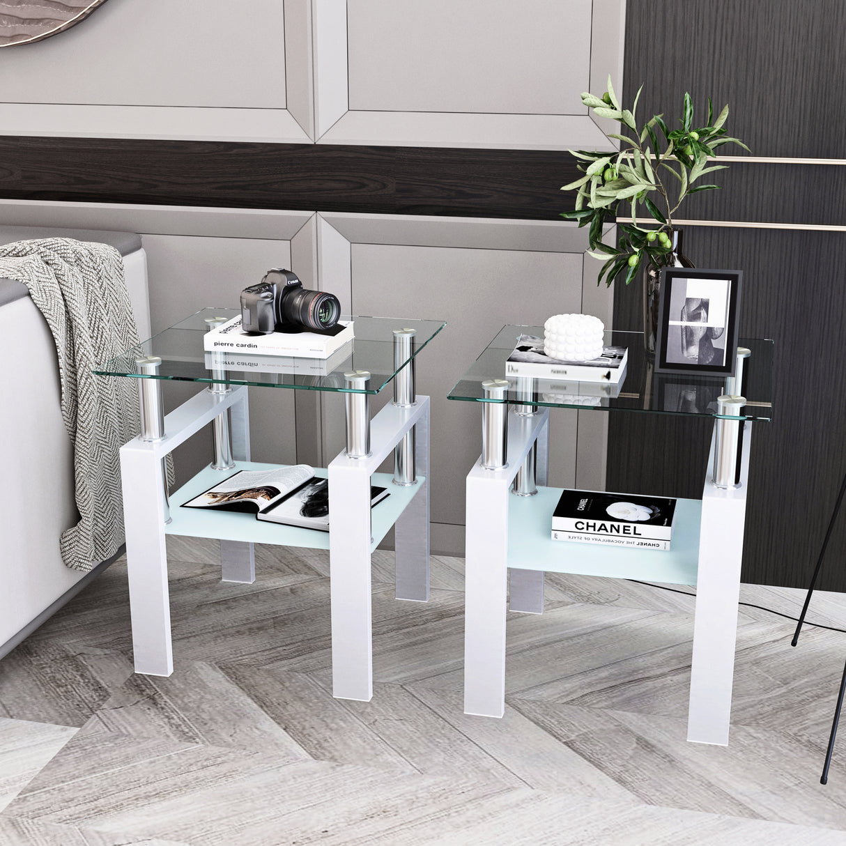 Set of 2, Modern Tempered Glass Tea Table Coffee Table End Table, Square Table for Living Room, Transparent/White - V.I.P Digital Presence
