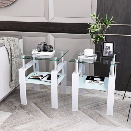 Set of 2, Modern Tempered Glass Tea Table Coffee Table End Table, Square Table for Living Room, Transparent/White - V.I.P Digital Presence