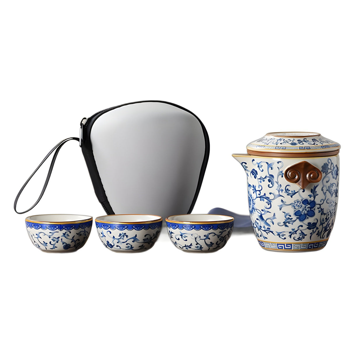Blue and white beige Ru kiln travel tea set one pot three cups outdoor portable entwined lotus ceramic retro teapot - V.I.P Digital Presence