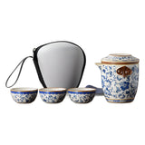 Blue and white beige Ru kiln travel tea set one pot three cups outdoor portable entwined lotus ceramic retro teapot - V.I.P Digital Presence
