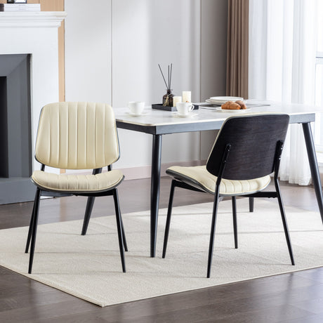 2-piece retro linen chair set with curved wooden backrest, cushioned seat, adjustable metal legs, (Beige PU) - V.I.P Digital Presence