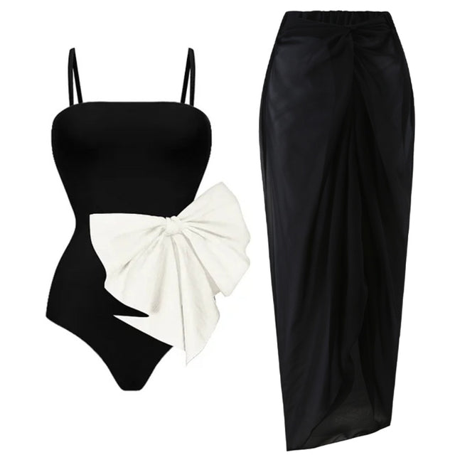 One piece swimsuit bow decoration sweet girl black and white contrasting swimsuit female - V.I.P Digital Presence