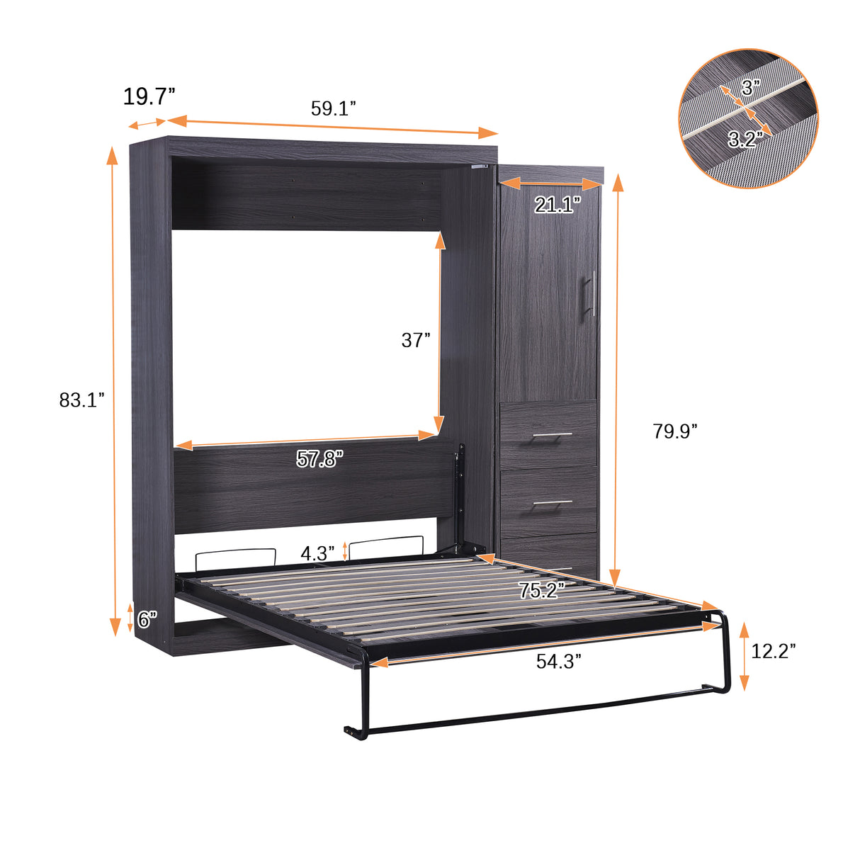 Full Size Murphy Bed with Wardrobe and Drawers, Storage Bed, can be Folded into a Cabinet, Gray - V.I.P Digital Presence