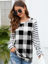Plaid Striped Round Neck Long Sleeve T-Shirt - V.I.P Digital Presence