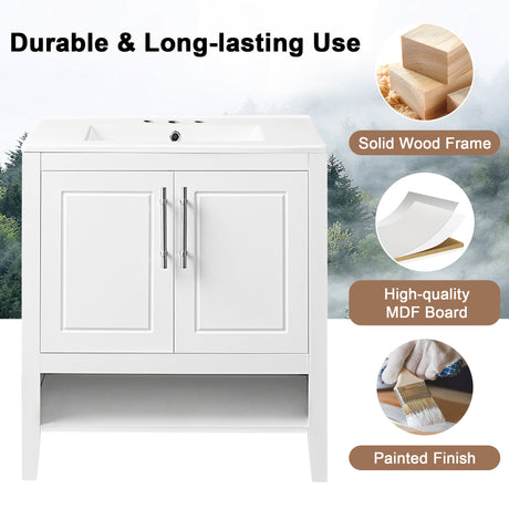 30" Bathroom Vanity with Sink  Multi-functional Bathroom Cabinet with Doors and Drawers Solid Frame and MDF Board, White - V.I.P Digital Presence