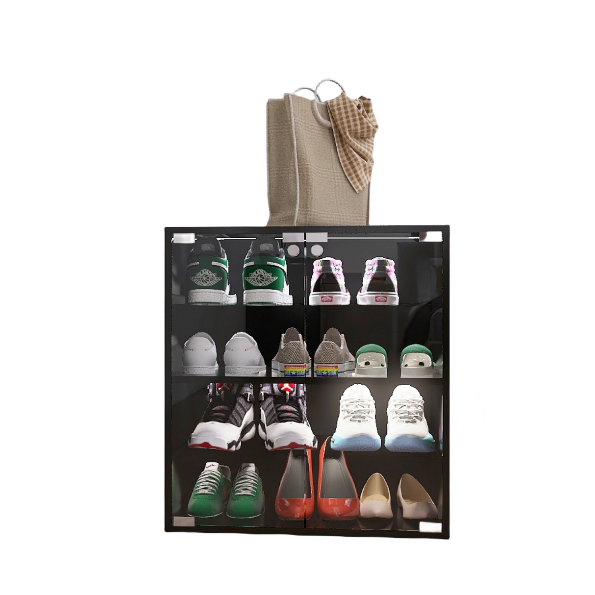 4 Layers Black Shoe Cabinet with Glass Door and Glass Layer Shoes Display Cabinet with LED light Bluetooth Control - V.I.P Digital Presence