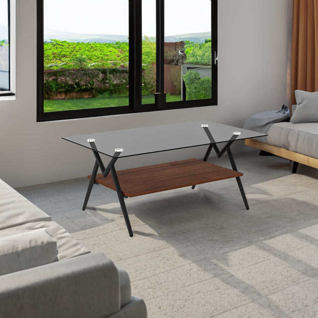 Rectangle Coffee Table with Tempered Glass top and Brown MDF Shelf, Modern Table for Living Room, Gray Glass - V.I.P Digital Presence