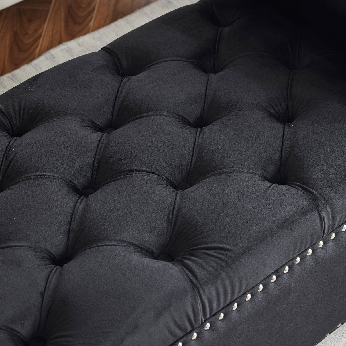 Storage Bench, 44.5-Inch Queen Velvet Button Bedside Bench, Entryway Living Room with Armrests, Nailhead Trim  Black - V.I.P Digital Presence