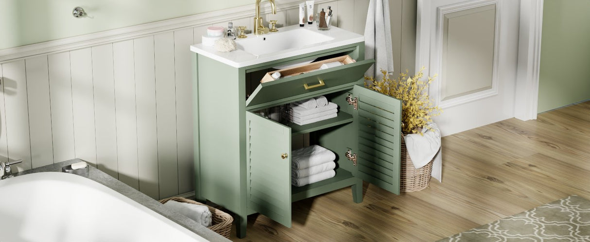 30-Inch Bathroom Vanity with Ceramic Sink Combination, Ample Storage - Features 1 Pullout and Multifunctional Shelf Dividers - V.I.P Digital Presence