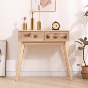 Side table with two real rattan drawers, solid wood table legs can be used in the dining room living room,bedroom - V.I.P Digital Presence