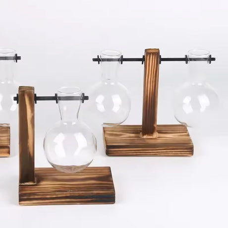 Transparent Bulb Vase with Wood Stand. For hydroponics. Great for coffee shops & room decor. - V.I.P Digital Presence