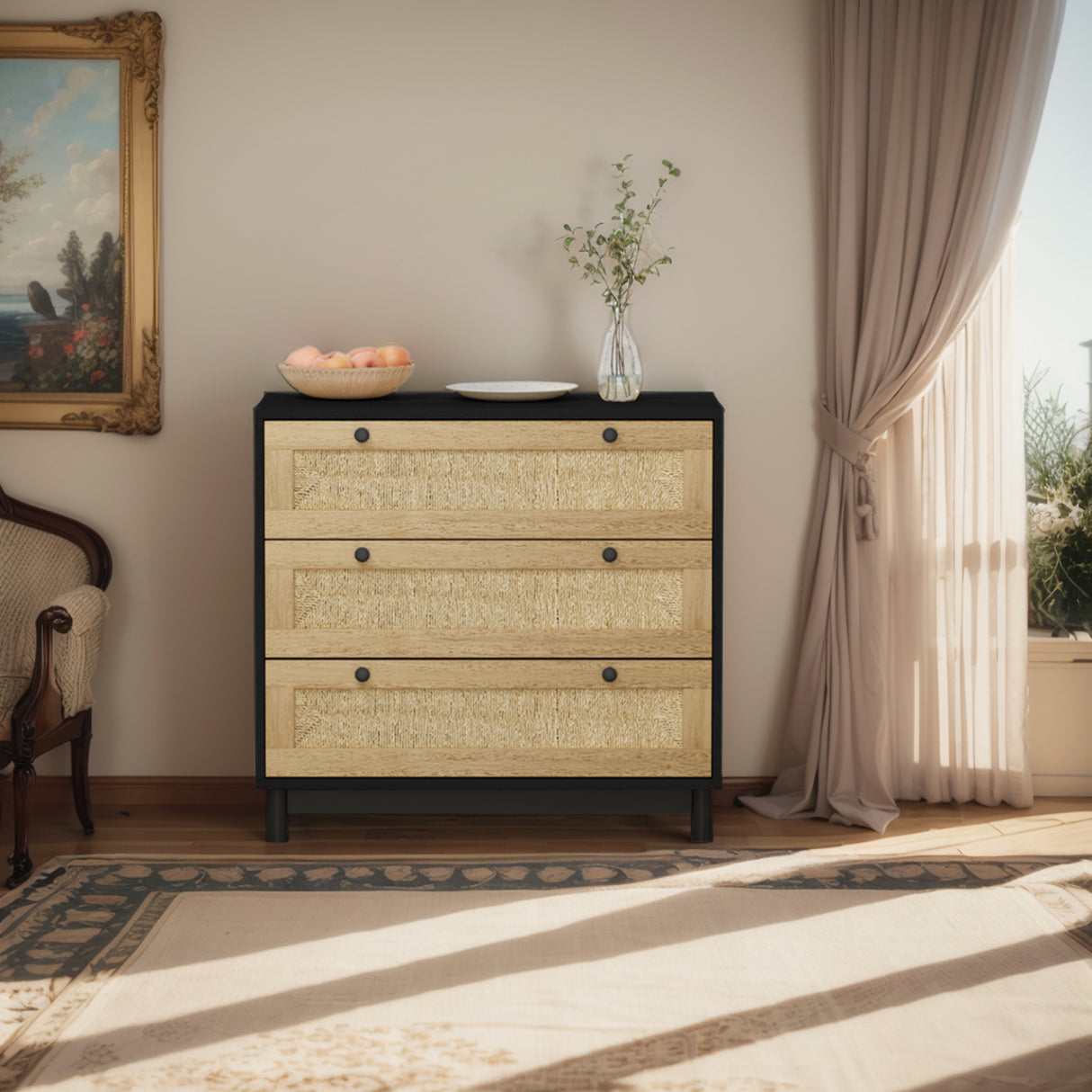 30.31"3-Drawers Storage Cabinet Rope Woven Drawer,for Bedroom,Living Room,Dining Room,Hallways,Black - V.I.P Digital Presence