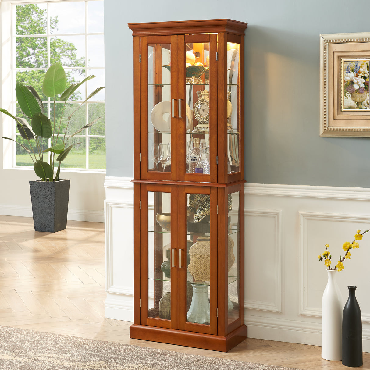 Lighting Curio Diapali cabinet with adjustable shelves, mirror back panel, tempered glass door (without light bulb), walnut wood - V.I.P Digital Presence