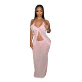 Sexy Transparent Set with Belted Sleeveless Cardigan and Fashionable Long Skirt Two-Piece Set for Women - V.I.P Digital Presence