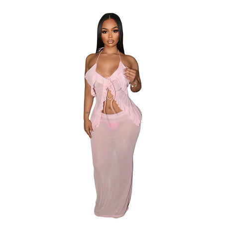 Sexy Transparent Set with Belted Sleeveless Cardigan and Fashionable Long Skirt Two-Piece Set for Women - V.I.P Digital Presence