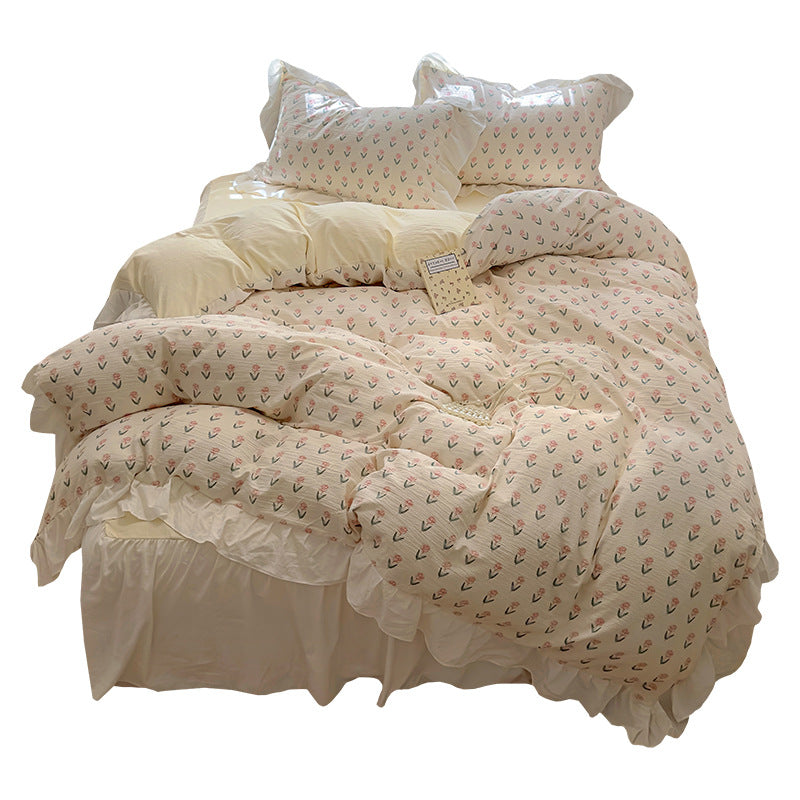 Skin friendly French romantic lace washed cotton printed bed bedding skirt four piece set of bed sheets bedsheet - V.I.P Digital Presence