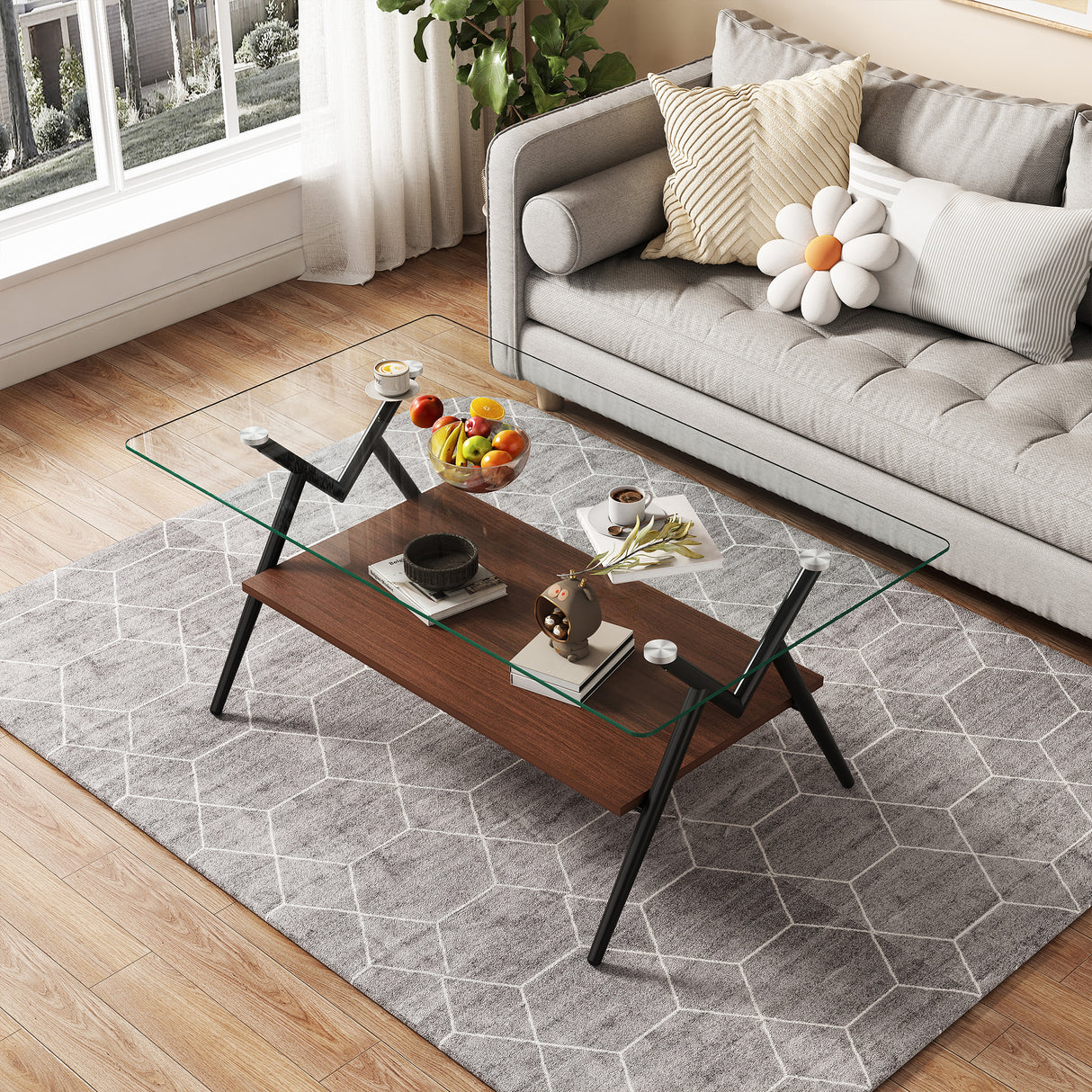 Rectangle Coffee Table with Tempered Glass top and Black Metal Legs, Modern Table for Living Room , Transparent Glass - V.I.P Digital Presence