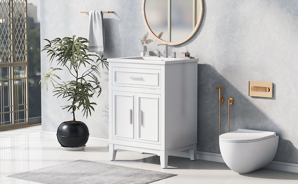 24" Bathroom Vanity with Sink, Bathroom Vanity Cabinet with One Flip Drawer and Doors, Solid Wood and MDF, White - V.I.P Digital Presence