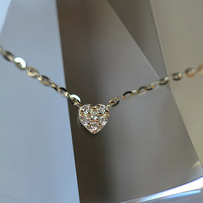 S925 pure silver plated with 14K gold mini heart necklace women's diamond studded peach heart extremely fine collarbone chain ﻿ - V.I.P Digital Presence