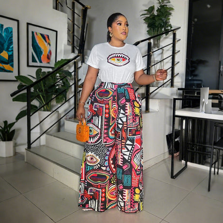 Printed Two-Piece Set Round Neck Short Sleeve Top Loose Comfortable Long Pants Wide Leg Pants Women's Clothing - V.I.P Digital Presence