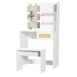 Vanity Desk Set Stool & Dressing Table with LED Lighting Mirror Drawer and Wood Cosmetic Table Chest of Drawers White Color - V.I.P Digital Presence