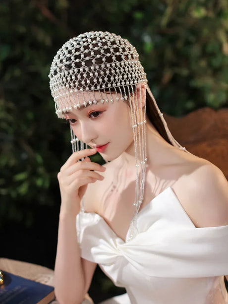 Handmade hollowed out headpiece performance pearl tassel hat - V.I.P Digital Presence