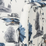 Modern retro printed fabric cushioned club chair, white and blue patterned armchair - V.I.P Digital Presence