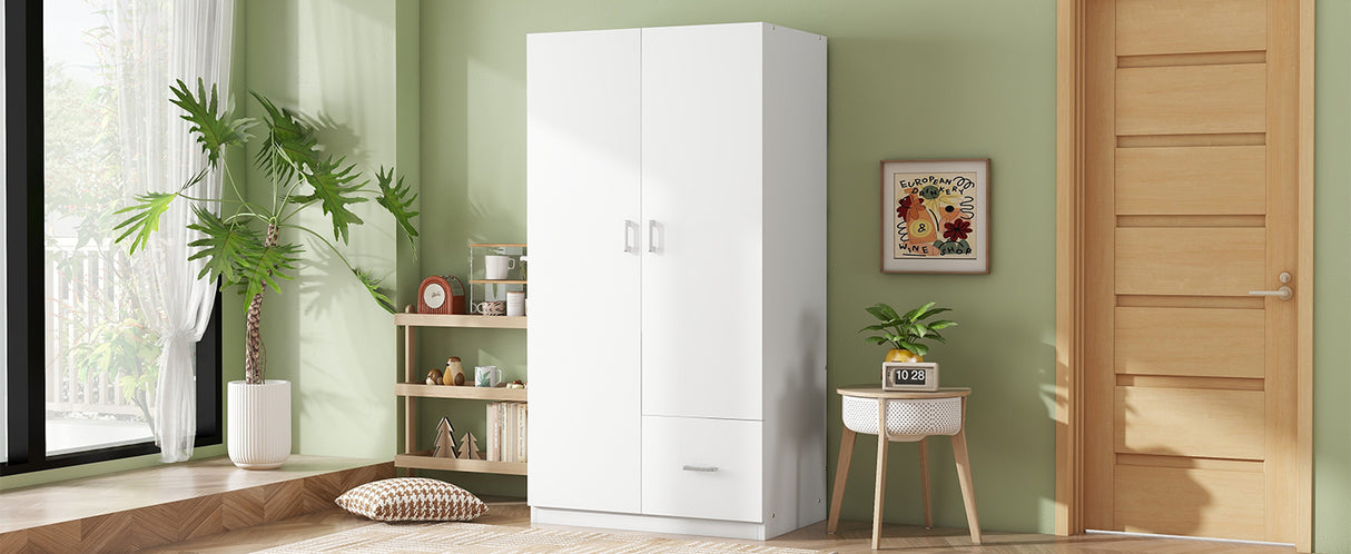 Wooden Wardrobe with Double Doors, Armoire with Hanging Rod, 5 Fixed Shelves, One Storage Drawer,White - V.I.P Digital Presence