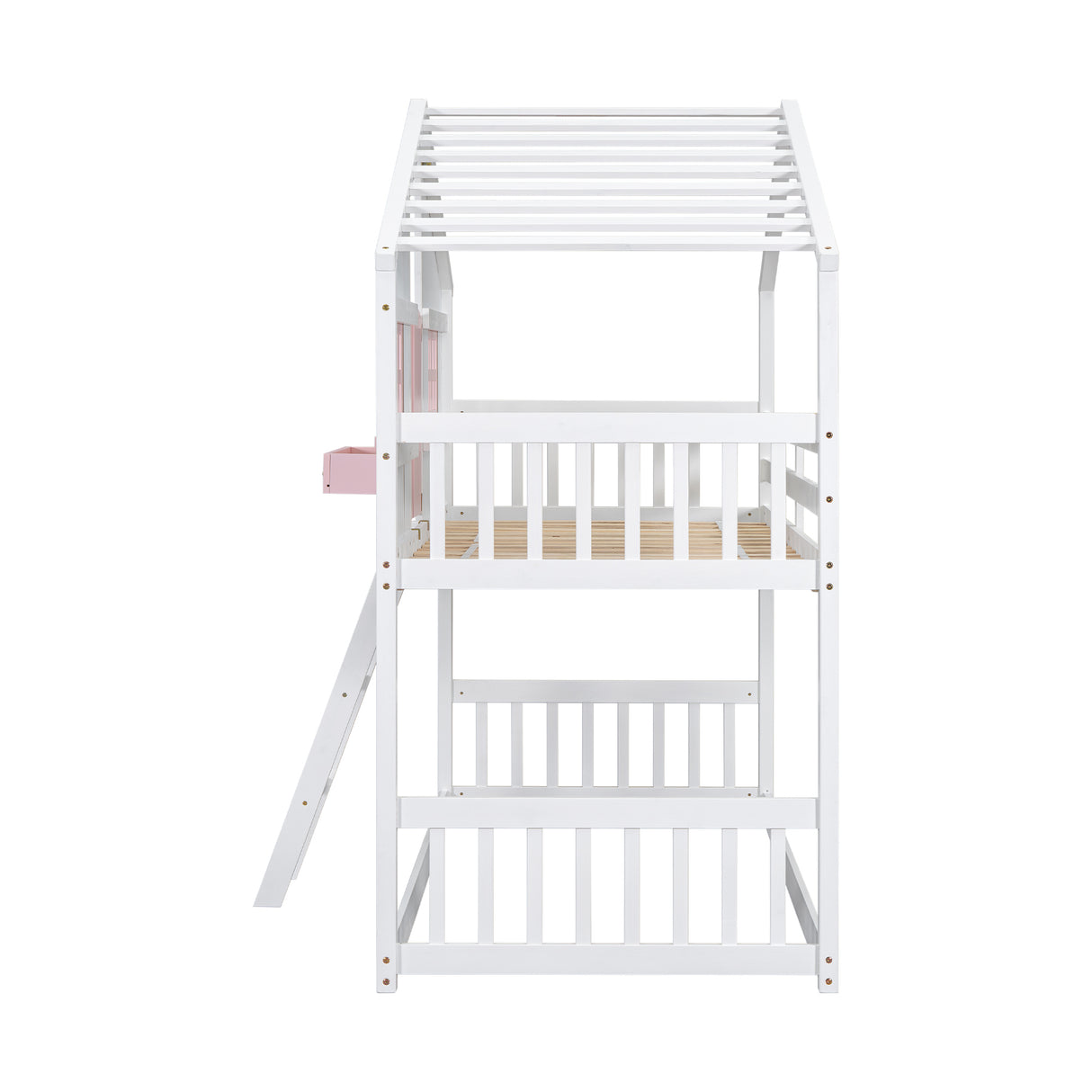 Twin over Twin House Bunk Bed with Roof , Window, Window Box, Door , with Safety Guardrails and Ladder, Pink/White - V.I.P Digital Presence