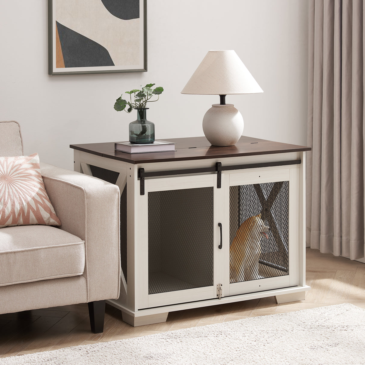Farm kennel Flat noodles furniture with sliding barn door, farm wooden kennel end table, dog house with removable partition - V.I.P Digital Presence