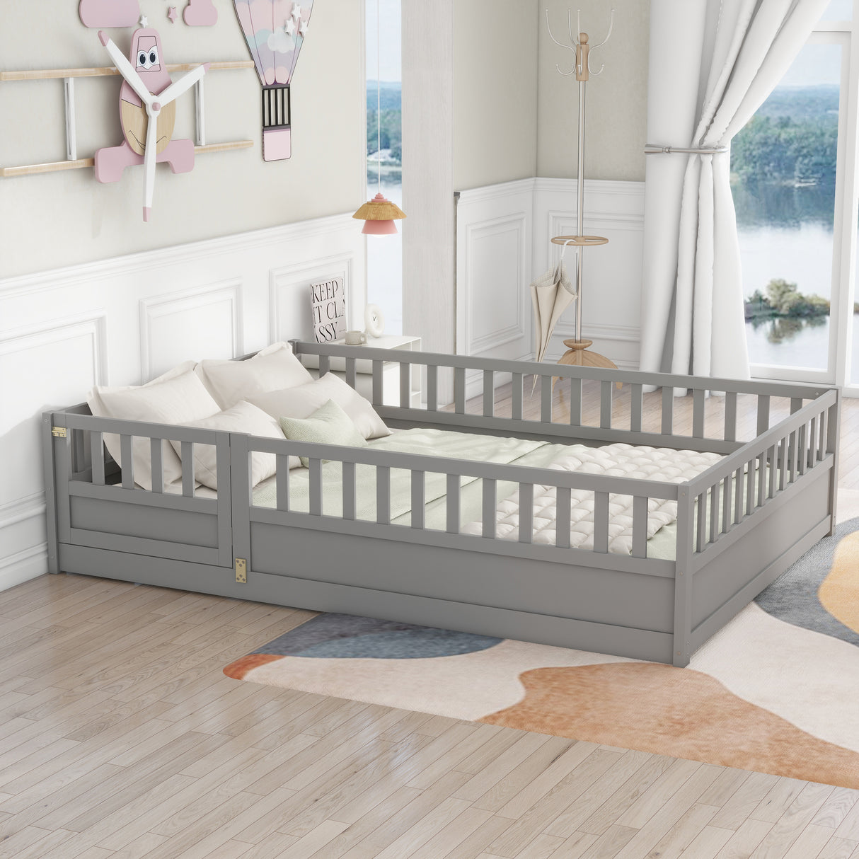 Full size floor bed, children's floor bed frame, Montessori wood floor bed, support Flat noodles gray - V.I.P Digital Presence
