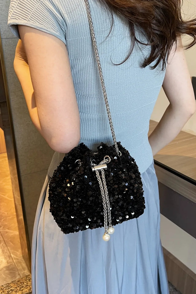 Sequin Chain Drawstring Bucket Bag - V.I.P Digital Presence
