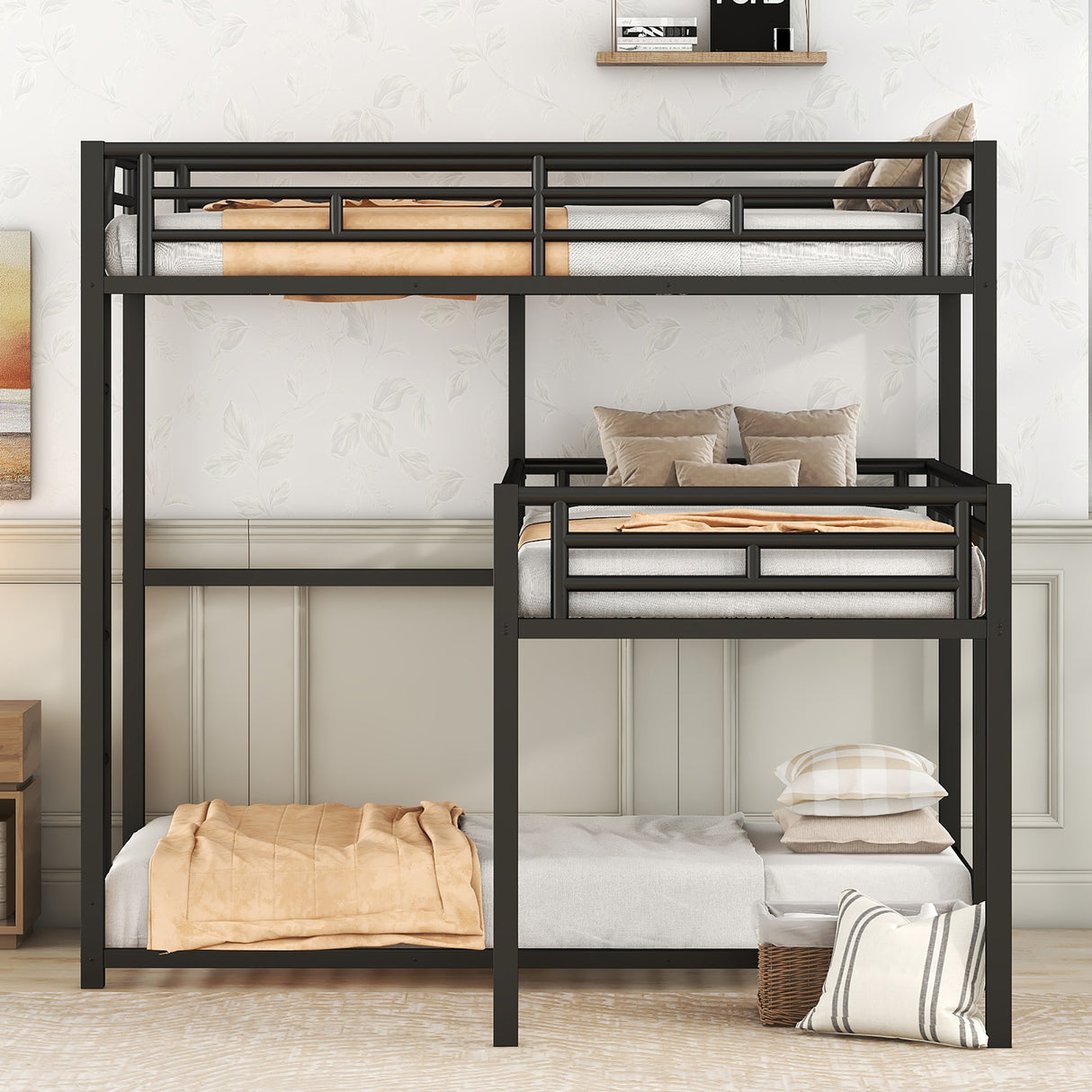 L-shaped Metal Triple Twin Size Bunk Bed, Black - V.I.P Digital Presence
