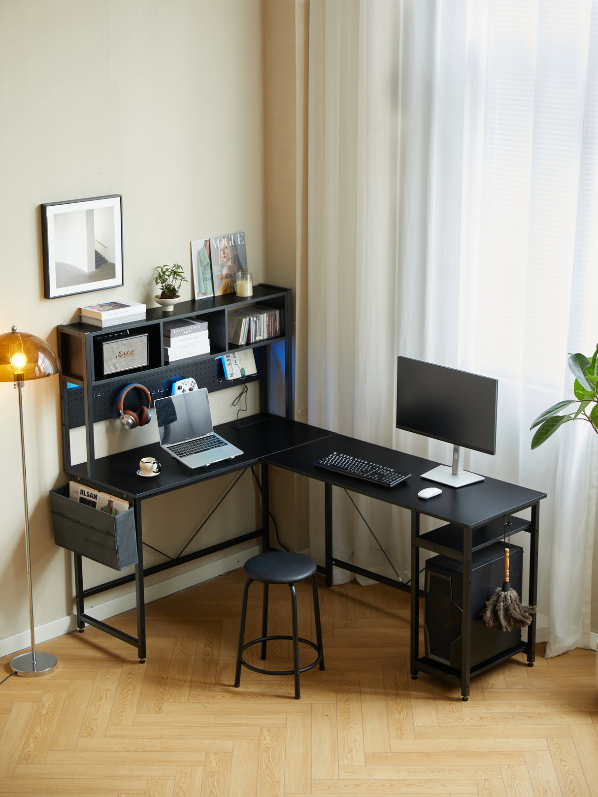 94.5 Inch Home Office Desk L shape gaming desk with LED storage Shelves METAL PANNEL and stool (BLACK) - V.I.P Digital Presence