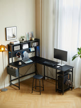 94.5 Inch Home Office Desk L shape gaming desk with LED storage Shelves METAL PANNEL and stool (BLACK) - V.I.P Digital Presence