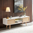 55.12" Rattan TV cabinet double sliding doors for storage adjustable shelf solid wood legs TV console for living room  White - V.I.P Digital Presence