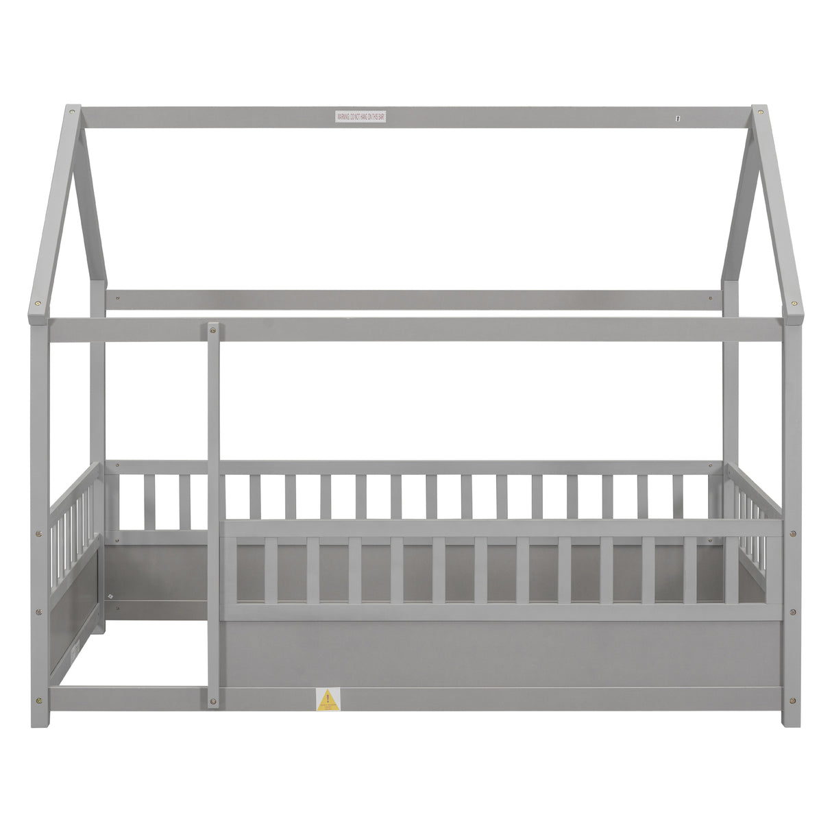 Twin Size Floor Wooden Bed with House Roof Frame Fence Guardrails Grey - V.I.P Digital Presence